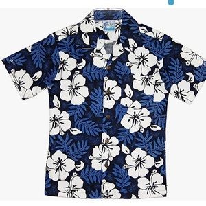 NWOT RJC Boy's White Hibiscus Hawaiian Shirt in Blue